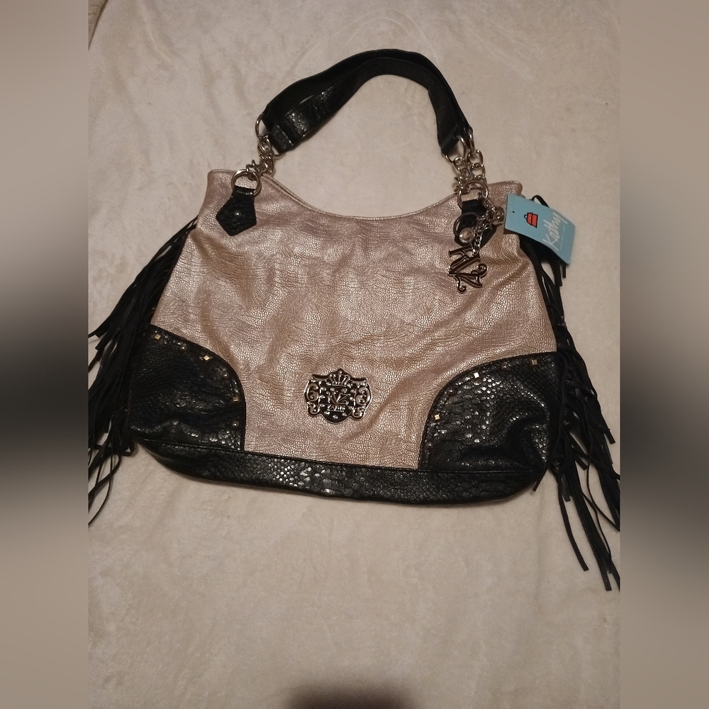 Kathy Van Zeeland Cream and Black Fringe Shoulder Bag